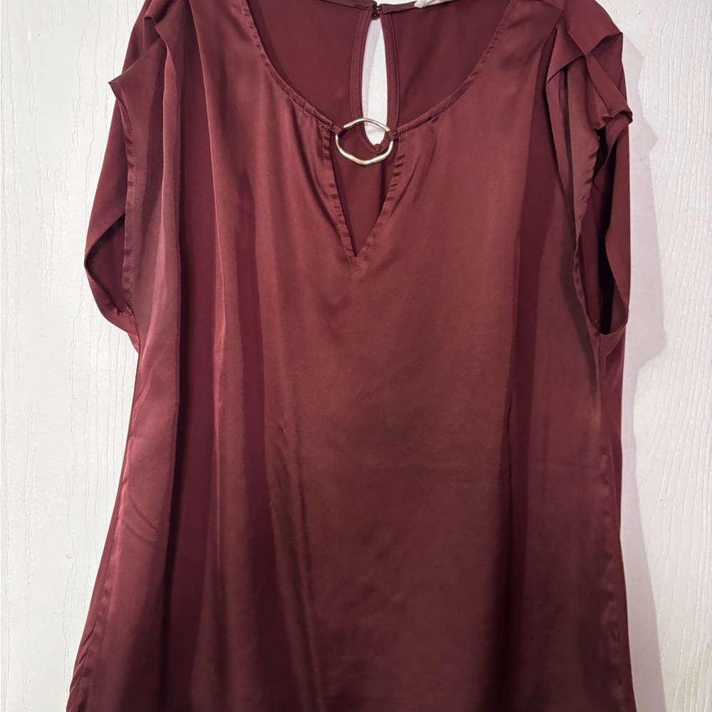 Satin V-Neck Ring-Accent Blouse in Deep Wine
